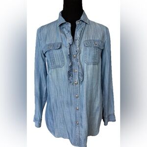 Talbots Chambray Denim Shirt Ruffle Front Western Boho Button Down Petite Blue